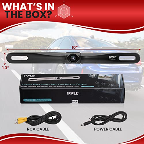 Pyle License Plate Rear View Camera - Built-in Distance Scale Lines Backup Parking/Reverse Assist Waterproof Adjustable Slim Bar Cam w/ 420 TVL Resolution and RCA Output Zinc Black Chrome PLCM18BC