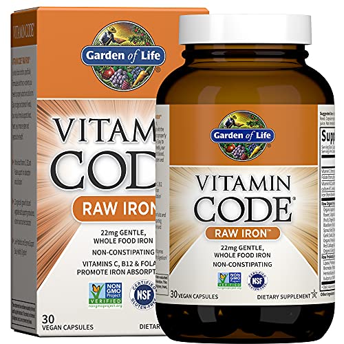 Garden of Life Vitamin Code Raw Iron Supplement - 30 Vegan Capsules, 22mg Once Daily Iron, Vitamins C, B12, Folate, Fruit, Veggies and Probiotics, Iron Supplements for Women, Energy and Anemia Support