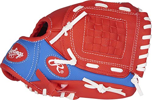 Rawlings Players Series Youth Tball/Baseball Glove with Ball, Right Hand Throw, Red/Blue, 9 Inch (Ages 3-5)
