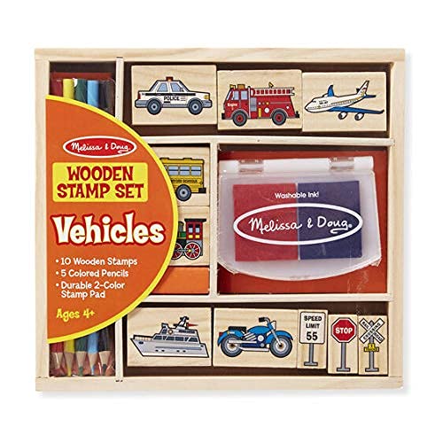 Melissa and Doug Wooden Stamp Set: Vehicles - 10 Stamps, 5 Colored Pencils, 2-Color Stamp Pad