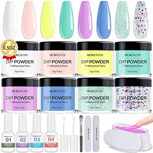 Morovan Dip Powder Nail Kit 8 Colors Nail Dip Powder Kit with Dip Powder Liquid Set Purple and Blue Powder for Starter French Nail Art Manicure DIY Salon