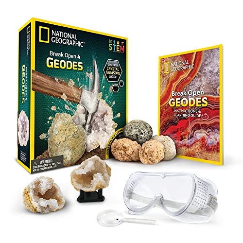 NATIONAL GEOGRAPHIC Break Open 4 Geodes Science Kit – Includes Goggles, Detailed Learning Guide and Display Stand - Great STEM Science Gift for Mineralogy and Geology Enthusiasts of any Age