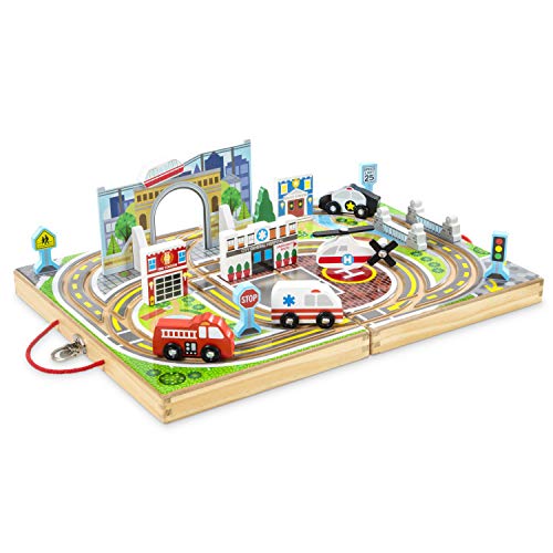 Melissa and Doug 18-Piece Wooden Take-Along Tabletop Town, 4 Rescue Vehicles, Play Pieces, Bridge