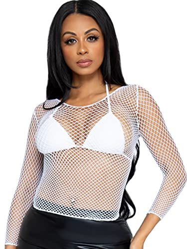 Leg Avenue womens Long Sleeved Industrial Fishnet Shirt blouses, White, One Size US