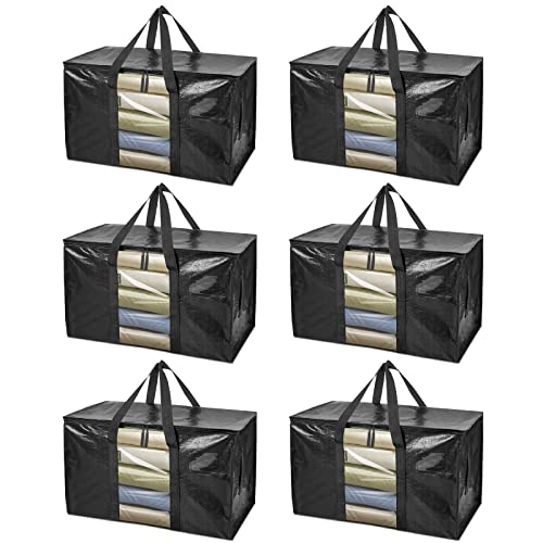 BALEINE 6-Pack Oversized Moving Bags with Reinforced Handles, Heavy-Duty Storage Tote Moving Supplies for Packaging, Camping (Black w/Window, 6-Pack)