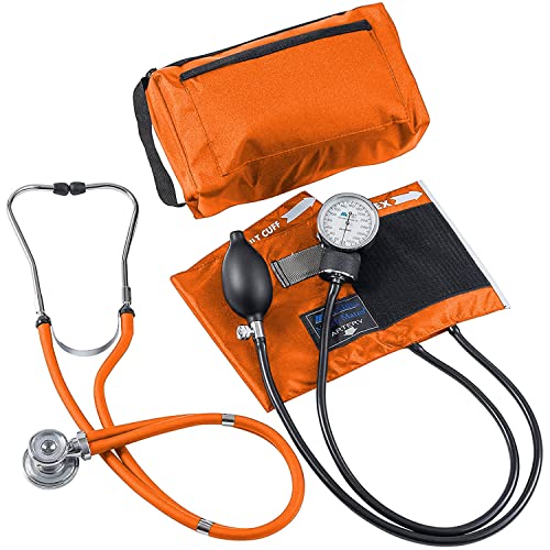 MABIS MatchMates Aneroid Sphygmomanometer and 31' Sprague Rappaport Stethoscope Combination Manual Blood Pressure Kit with Calibrated Nylon Cuff and Oversized Carrying Case, Adult Orange