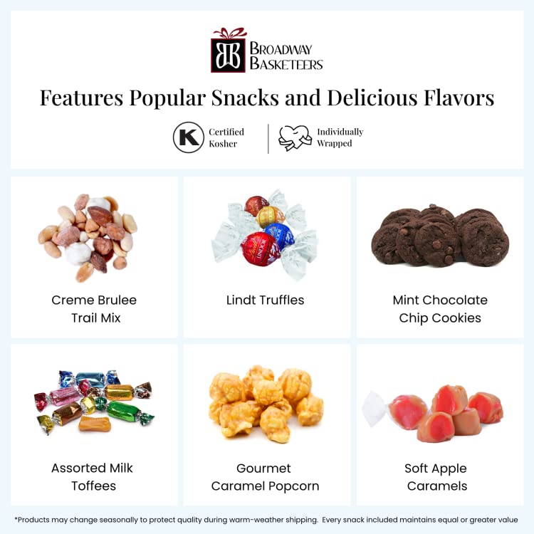 Broadway Basketeers Gourmet Food Gift Basket Tower for Birthdays – Curated Snack Box, Sweet and Savory Treats for Parties, Best Wishes, Birthday Presents for Women, Men, Mom, Dad, Her, Him, Families