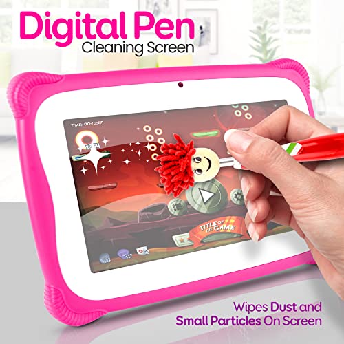 Kids Tablet W/Stylus Pen 7 Inch WiFi Android 10 Children Tablet 1GB RAM 8 GB Storage Quad-Core 2800 mAH Parental Control Educational Learning Games Dual Camera YouTube Toddler/Kid Proof Case (Pink)