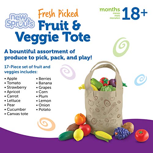 Learning Resources Fresh Picked Fruit And Veggie Tote - 17 Pieces, Ages 18mos+ Pretend Play Toys, Fruits and Vegetables for Kids, Play Food for Toddlers, Preschool Toys