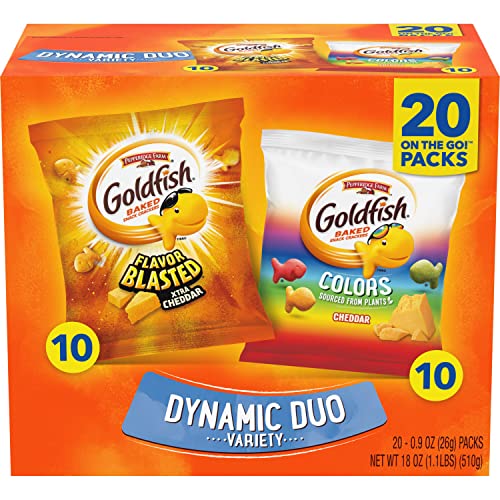 Goldfish Dynamic Duo Colors Crackers, Cheddar And Flavor Blasted Xtra Cheddar Snack Pack, 0.9 Oz, 20-Ct Variety Pack Box