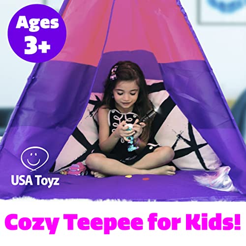 USA Toyz Happy Hut Teepee Tent for Kids - Indoor Pop Up Teepee Kids Playhouse Tent for Boys, Girls, Toddler Tent, Kids Tent Indoor Tepee with Portable Kids Play Tent Storage Bag, Kids Teepee (Pink)