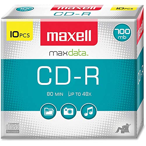 Maxell MAX648210 CD Recordable Media, CD-R, 40x, 700 MB, 10 Pack Slim Jewel Case