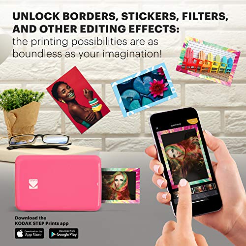 KODAK Step Instant Color Photo Printer with Bluetooth/NFC, Zink Technology and KODAK App for iOS and Android (Pink) Prints 2x3” Sticky-Back Photos.