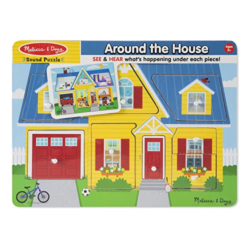 Melissa and Doug Around the House Sound Puzzle - Wooden Peg Puzzle (8 pcs) - Chunky Puzzles, Wooden Puzzle With Knobs, Wooden Sound Puzzles For Toddlers Ages 2+
