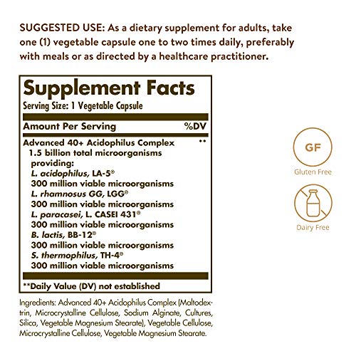Solgar Advanced 40+ Acidophilus, 120 Vegetable Capsules - Supports Healthy Intestinal Flora - 1.5 Billion Microorganisms Per Serving - Gluten, Dairy, Lactose and Milk Free - Vegetarian - 120 Servings