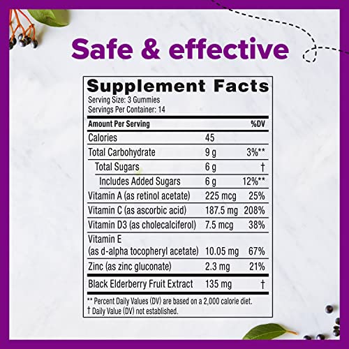 Zarbee's Elderberry Gummy Daily Immune Support Supplement with Vitamins A, C, D, E and Zinc, Black Elderberry Fruit Extract, Natural Berry Flavor, 42 Count