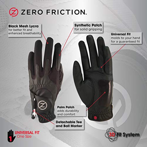 Zero Friction Male Men's Compression-Fit Synthetic Golf Glove (2 Pack), Universal Fit Black/Black, One Size (GL00105)