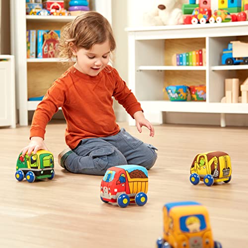 Melissa and Doug Pull-Back Construction Vehicles - Soft Baby Toy Play Set of 4 Vehicles - Cars For Infants, Construction Toys, Pull Back Cars For Babies Ages 9m+