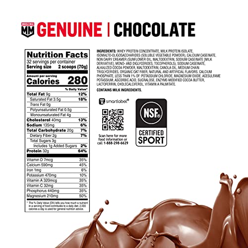 Muscle Milk Genuine Protein Powder, Chocolate, 4.94 Pound, 32 Servings, 32g Protein, 2g Sugar, Calcium, Vitamins A, C and D, NSF Certified for Sport, Energizing Snack, Packaging May Vary