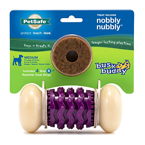 PetSafe Busy Buddy Nobbly Nubbly Treat Holding Dog Toy – Strong Chewers – Challenging - Treat Rings Included - Medium