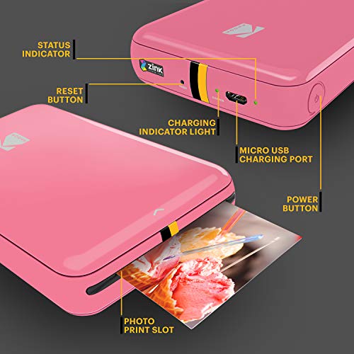 KODAK Step Instant Color Photo Printer with Bluetooth/NFC, Zink Technology and KODAK App for iOS and Android (Pink) Prints 2x3” Sticky-Back Photos.