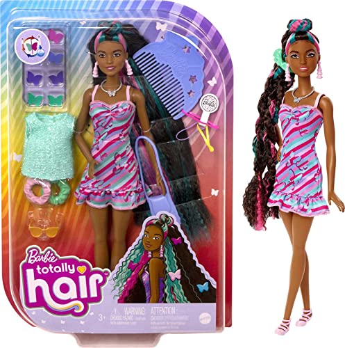 Barbie Totally Hair Butterfly-Themed Doll, 8.5 inch Fantasy Hair, Dress, 15 Hair and Fashion Play Accessories (8 with Color Change Feature) for Kids 3 Years Old and Up