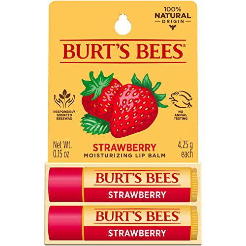 Burt's Bees Mothers Day Lip Balm Gifts for Mom, Moisturizing Lip Care, for All Day Hydration, 100% Natural, Strawberry (2 Pack)