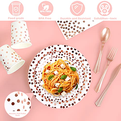 White and Rose Gold Party Supplies - 350 PCS Disposable Dinnerware Set - White Paper Plates Napkins Cups, Gold Plastic Forks Knives Spoon for Graduation, Birthday, Cocktail Party