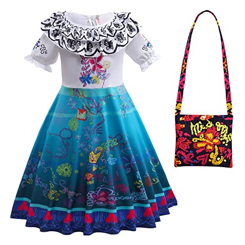 FUXHBFB Encanto Mirabel Costume Dress For Girls Cosplay Isabela Madrigal Princess Halloween Dress Up(5-6 Years, Blue)