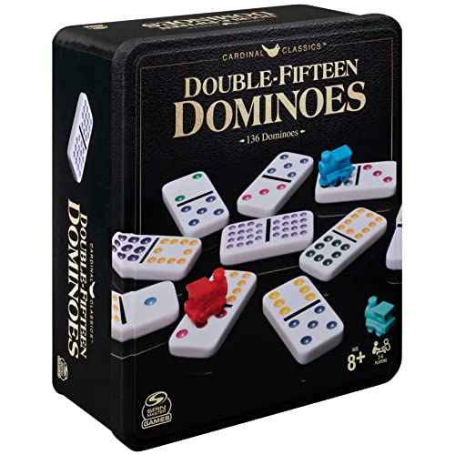 Spin Master Games Double Fifteen Dominoes Set in Storage Tin, for Families and Kids Ages 8 and Up