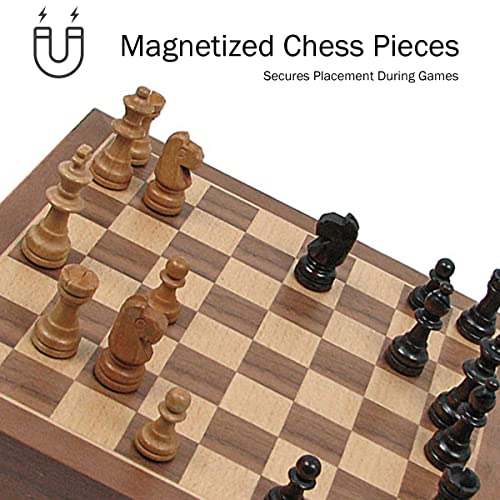 Hey! Play! Classic Strategy Chess Board Game Set - Inlaid Wood Magnetic Chess Board with Storage Drawer for Hand-Carved Staunton Chessmen by Trademark Games,Brown,1.375x9.875x9.875