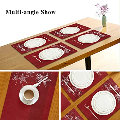 Placemats Elegance Christmas Snowflakes Dining Table Placemats Set of 6 Heat Resistant Kitchen Table Mats Washable Woven Linen-Like Polyester 18X12 Inch Red