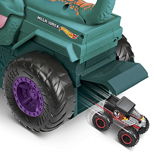 Hot Wheels Monster Trucks Car Chompin' MEGA-Wrex, Large Toy Monster Truck and 1:64 Scale Toy Car, 'Eats' and 'Poops' 1:64 Scale Vehicles