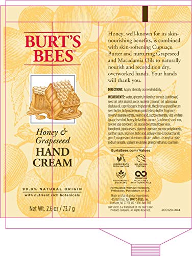Burt's Bees Hand Cream, (Package May Vary) Honey and Grapeseed Oil 2.6 Ounce