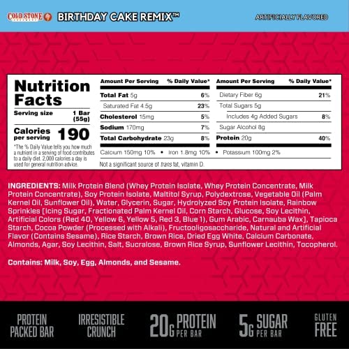 BSN Protein Bars - Protein Crisp Bar by Syntha-6, Whey Protein, 20g of Protein, Gluten Free, Low Sugar, Cold Stone Creamery Birthday Cake Remix, 12 Count