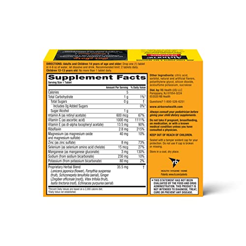 Airborne 1000mg Vitamin C with Zinc, SUGAR FREE Effervescent Tablets, Immune Support Supplement with Powerful Antioxidants Vitamins A C and E - 30 Fizzy Drink Tablets, Zesty Orange Flavor