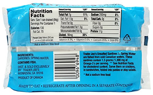Unsalted Sardines in Spring Water, (Pack of 6), 3.75 oz Tin - Trader Joe's