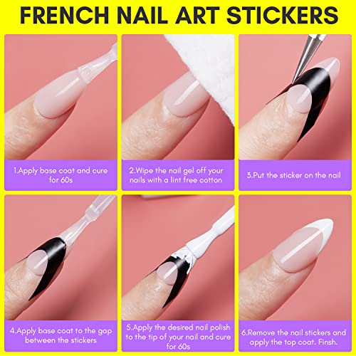 Makartt 7PCS French Nail Art Stickers Kit, 8ML White Gel Nail Polish,6 Sheets French Tip Stickers, Self-Adhesive French Manicure Strips Guides French Edge Auxiliary Kit For Beginner DIY Nail Design