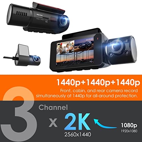 RexingUSA V33-2K 3 Channel Dash Cam Built-in WiFi GPS, Car Dashboard Camera Recorder 1440p + 1440p +1440p, 2.7” LCD, 170° Wide Angle, G-Sensor, Night Vision, Parking Monitor