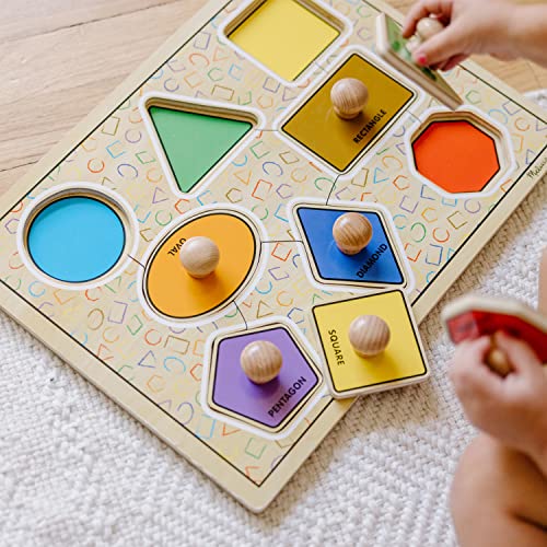 Melissa and Doug Deluxe Jumbo Knob Wooden Puzzle - Geometric Shapes (8 pcs) - Wooden Peg Chunky Baby Puzzle, Preschool Learning Puzzle, Wooden Puzzle Board For Toddlers Ages 1+