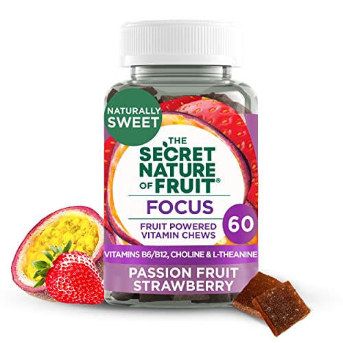 The Secret Nature of Fruit Focus Chews, Real Fruit Powered Vitamin Chews with Vitamins B6 and B12, Choline, L-Theanine, Passion Fruit and Strawberry for Mental Clarity, Gummy (60 Count)