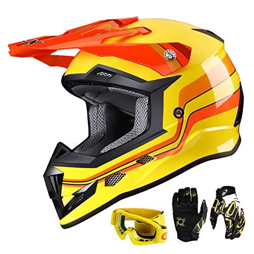 GLX GX623 DOT Kids Youth ATV Off-Road Dirt Bike Motocross Motorcycle Full Face Helmet Combo Gloves Goggles for Boys and Girls (Retro Yellow, Large)