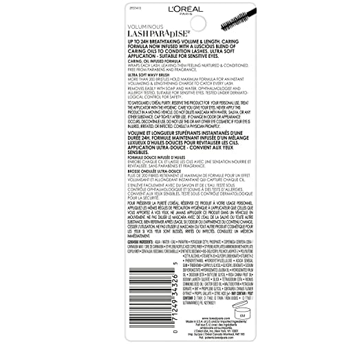 L'Oreal Paris Voluminous Makeup Lash Paradise Mascara, Voluptuous Volume, Intense Length, Feathery Soft Full Lashes, No Flaking, No Smudging, No Clumping, Black Brown, 0.25 Fl Oz (Pack of 1)