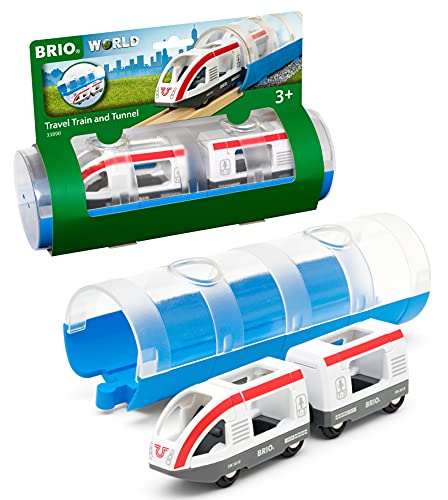 BRIO World 33890 - Travel Train and Tunnel - 3 Piece Wooden Toy Train Set for Kids Age 3 and Up