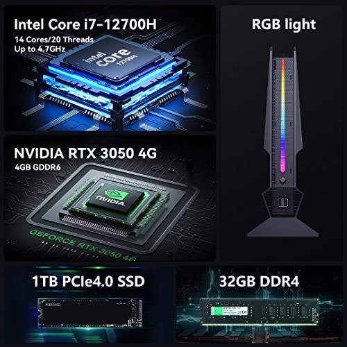 Mini Gaming PC Intel i7-12700H(up to 4.7GHz) 14C/20T NVIDIA RTX3050 32GB DDR4 1TB PCIE4.0 SSD RGB Lights Mini Gaming Desktop Computer Windows 11 Pro, 2X HDMI Type-C WiFi6 BT5.2, 6X USB Ports