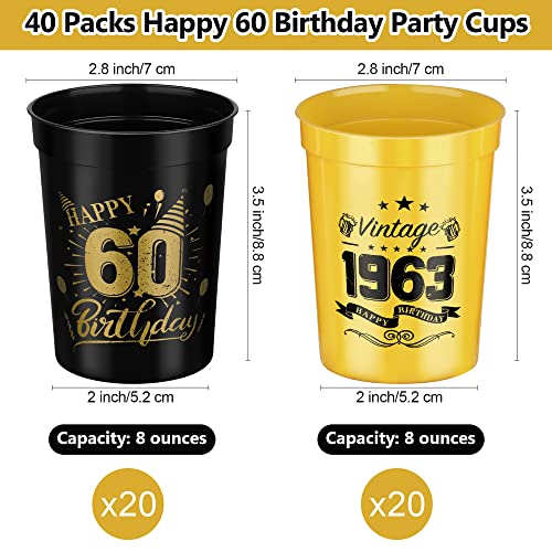 Shojoy 40 Pack Happy 60 Birthday Party Cups Black and Gold Birthday Stadium Cups 8 Ounces Reusable Plastic Tumblers for Birthday Anniversary Party Supplies Decors