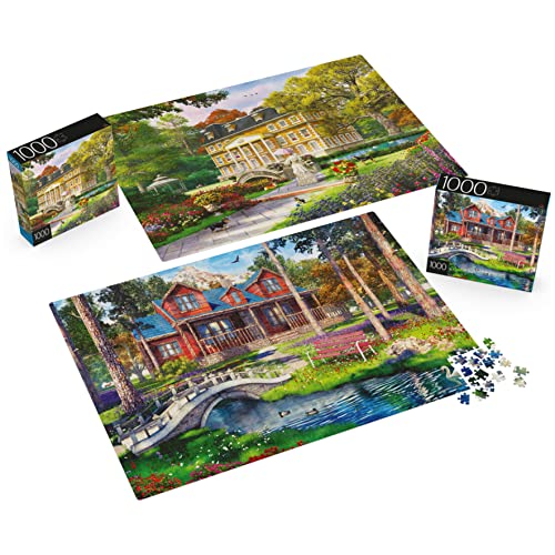 2-Pack of 1000-Piece Jigsaw Puzzles, Pine Cabin and Summer Estate Gifts for Mom for Adults and Kids Ages 8+, Amazon Exclusive