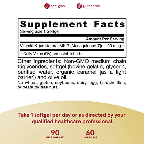 Jarrow Formulas MK-7 90 mcg - Superior Vitamin K Product for Building Strong Bones - Dietary Supplement Supports Heart and Cardiovascular Health - 60 Servings (PACKAGING MAY VARY)