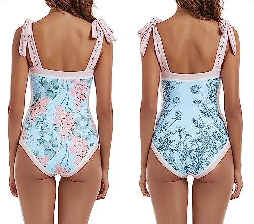 Aidonger Women's Reversible One Piece Swimsuits Floral Tie Shoulder Tummy Control Slimming Bathing Suits Square Neck Swimwear