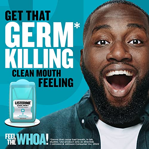 Listerine Cool Mint PocketPaks Portable Breath Strips for Bad Breath, Fresh Breath Strips Dissolve Instantly to Kill 99% of Bad Breath Germs* On-the-Go, Cool Mint, 24-Strip Pack, 3 Pack